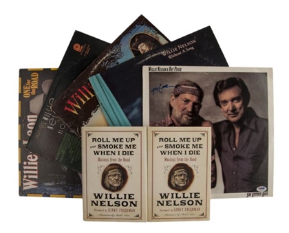 Willie Nelson Autograph Lot of (7): 5 Signed Record and 2 Signed "Roll Me Up and Smoke Me When I Die" Books